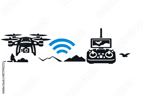 Drone with remote control and Wi-Fi signal in a stylized landscape