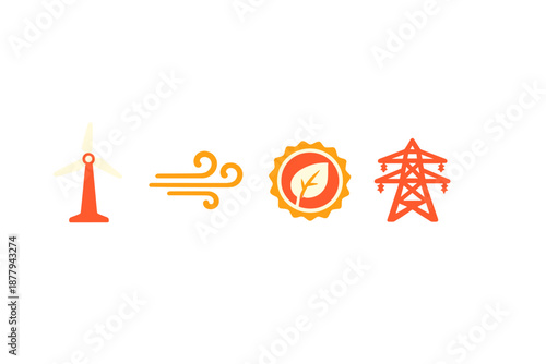 Renewable energy icons: wind, sun, and electricity transmission tower