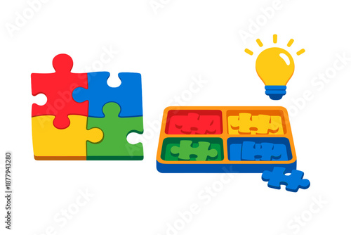 Puzzle pieces and a light bulb symbolizing idea and success
