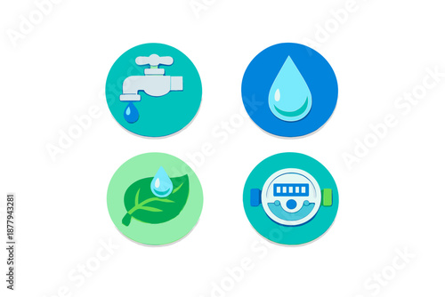 Water conservation icons: faucet, drop, leaf, and water meter