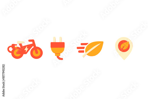 Electric bike, power plug, leaf and location icons with glow effect