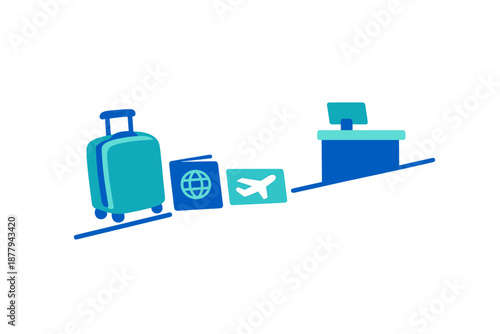 Travel icons: suitcase, passport, airplane ticket and counter