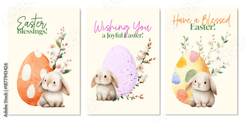 Easter card set with watercolor bunny and spring flowers and Easter eggs. Cute floral frame design for greeting cards, posters and holiday templates with decorative eggs. Vector illustration.