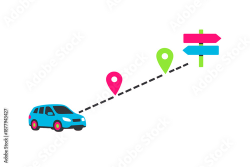 Car driving on a path with glowing location markers and signs