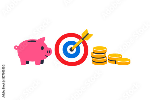 Piggy bank and coins with target and dart