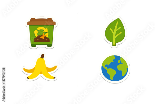 Environmental icons: composting, leaf, banana peel, and planet Earth