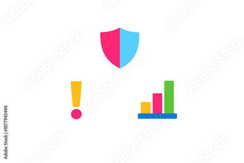 Abstract neon icons: shield, exclamation mark, and bar chart