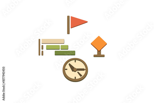Digital timeline with clock, flag and diamond shapes