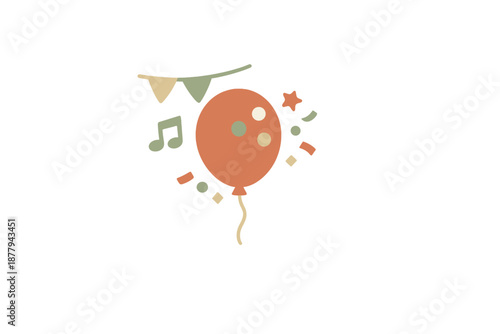 Birthday celebration with balloon, music notes, and confetti