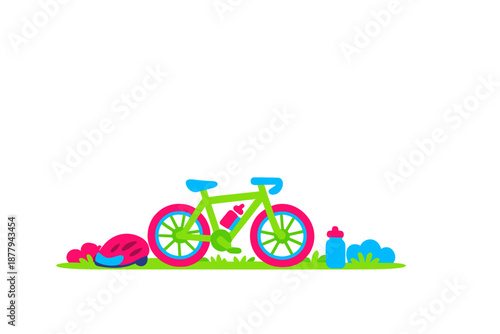Neon bicycle with helmet and water bottle on green grass
