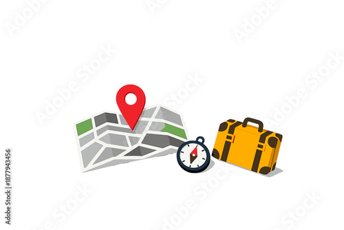 Travel concept with map, compass, and suitcase