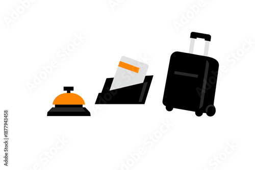 Hotel check-in concept: bellhop, key card, and luggage