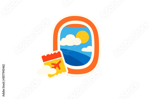 Airplane window view with ticket and clouds icon