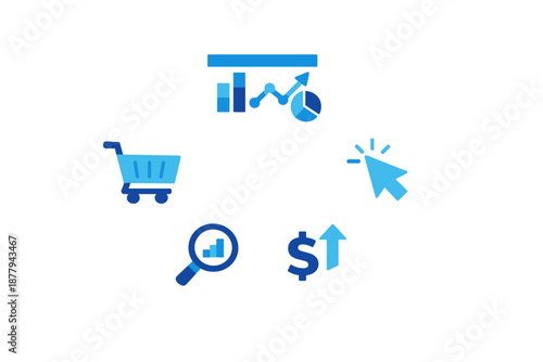 Digital marketing icons with glowing effect on dark background