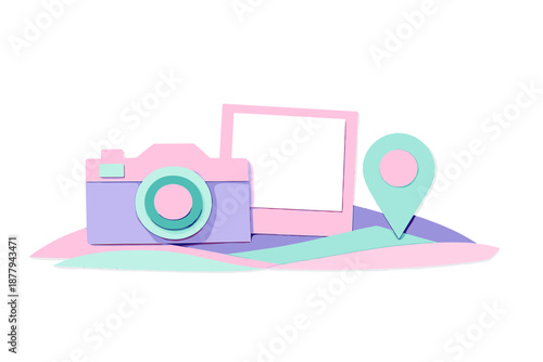 Paper cut style camera, photo, and location pin on wavy ground