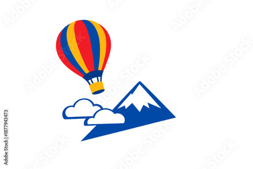 Colorful hot air balloon flying over a stylized mountain and clouds