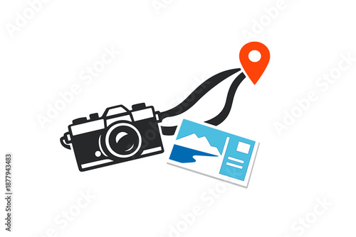Camera, postcard, and location pin symbolizing travel and photography
