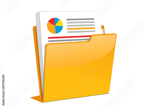 Orange folder with documents and charts - vector illustration for business and finance reports
