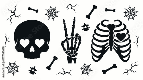 Skeleton skull and ribcage with heart symbols vector illustration