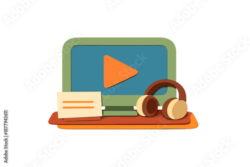 Laptop with play button, headphones and notepad on a desk