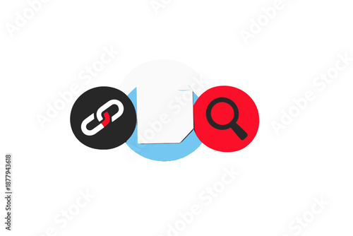 Icons for document, link, and search on a gradient background