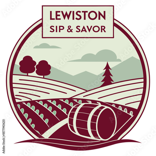 Lewiston Sip & Savor Wine Country Badge with Vineyard and Barrel