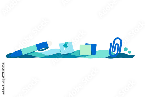 Office supplies graphic illustration with wavy blue background