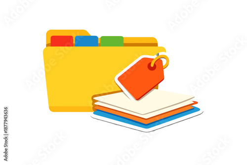 Folder with tabs and stack of paper with tag