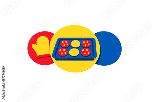 Baking illustration with oven mitt and cookies on baking sheet