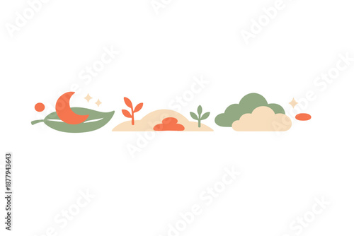 Stylized landscape with moon, leaves, clouds, and pebbles