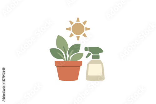 Potted plant with watering can and sun icon