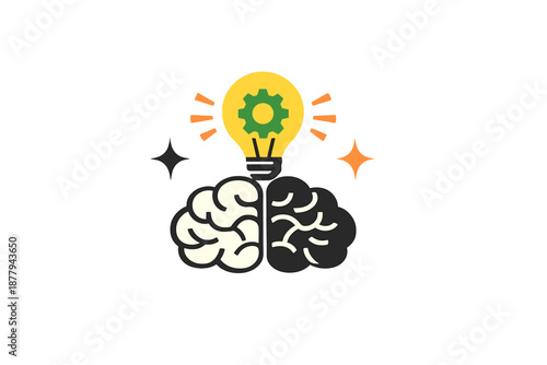 Brain and light bulb with gear representing an idea