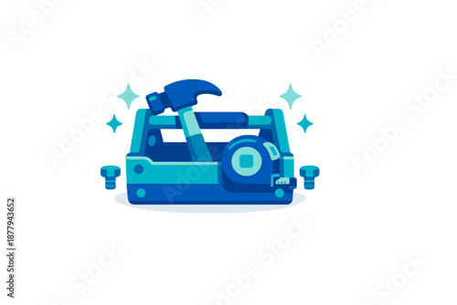 Blue toolbox with hammer and measuring tape, glowing effect