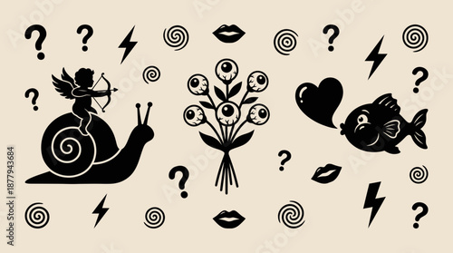 Surreal retro tattoo elements and cupid on snail vector illustration