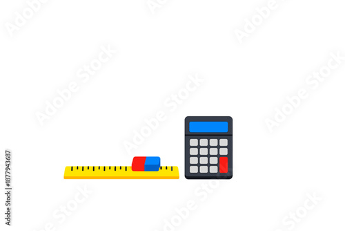 Calculator and ruler with colorful erasers on a gray background