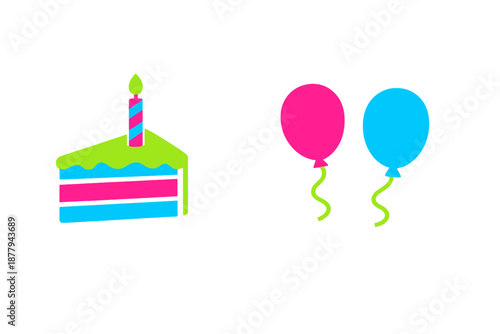 Birthday cake with candle and balloons neon glow