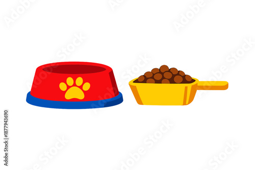 Pet food bowl and scoop with kibble