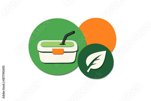 Lunch box and leaf icon with circles and abstract background