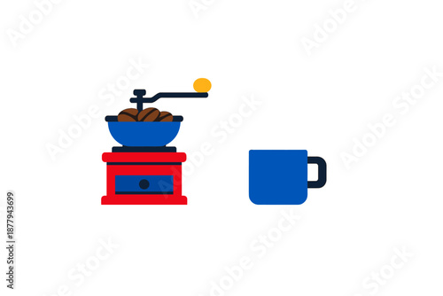 Coffee grinder and hot beverage in a mug