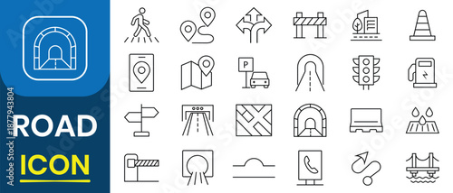 Road and Highway line icons. Set of 24 outline icons related to road, traffic, expressway, highway, underpass, bridge, navigation, lighting, signal, traffic light, tunnel and more. Vector illustration