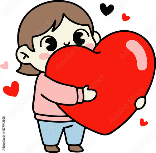 Cartoon-style character holding large red heart with blushed cheeks and floating hearts, ideal for Valentine’s Day graphics, love-themed stickers, emotional decor, and kids’ greeting designs.