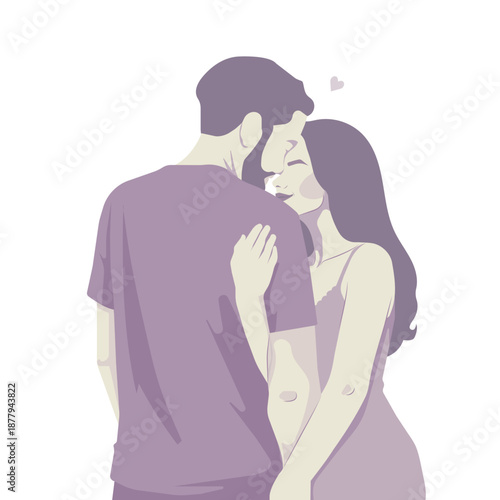 Minimal faceless couple vector illustration in soft lavender pastels with a small heart, hug and kiss scene for Valentine’s Day greeting cards, wedding invitations, romantic social media posts, poster