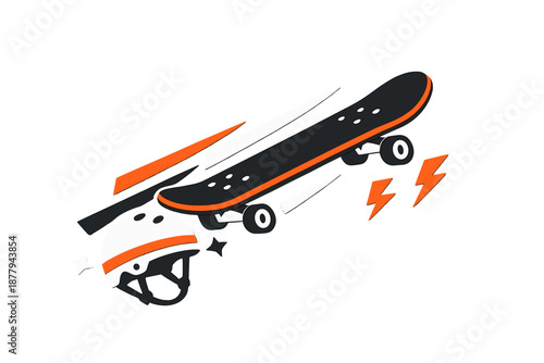 Skateboard and helmet graphic design with lightning bolts