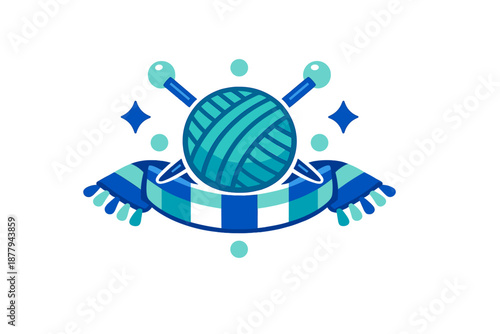 Knitting Supplies Emblem with Glowing Blue and Teal Accents