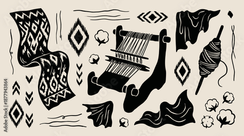 Traditional weaving loom and ikat textile patterns vector illustration