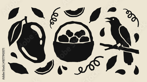 Tropical fruit mango basket and bird vector illustration