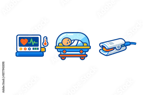 Medical icons: monitor, incubator, pulse oximeter
