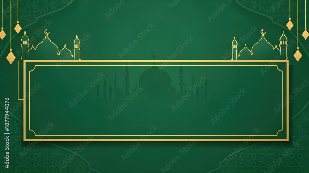 Fototapeta premium Green Islamic Banner with Frame, Golden ornate border on dark green background with mosque silhouettes, blank copy space, religious announcement and greeting concept