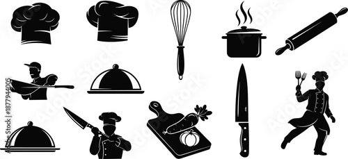 Cooking and culinary profession icon set, chef hat, kitchen tools, food preparation, restaurant service, vector illustration, black pictogram, gourmet symbol