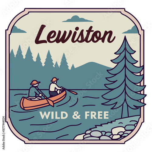 Lewiston Wild & Free Retro Travel Patch Design with Canoeing on Lake